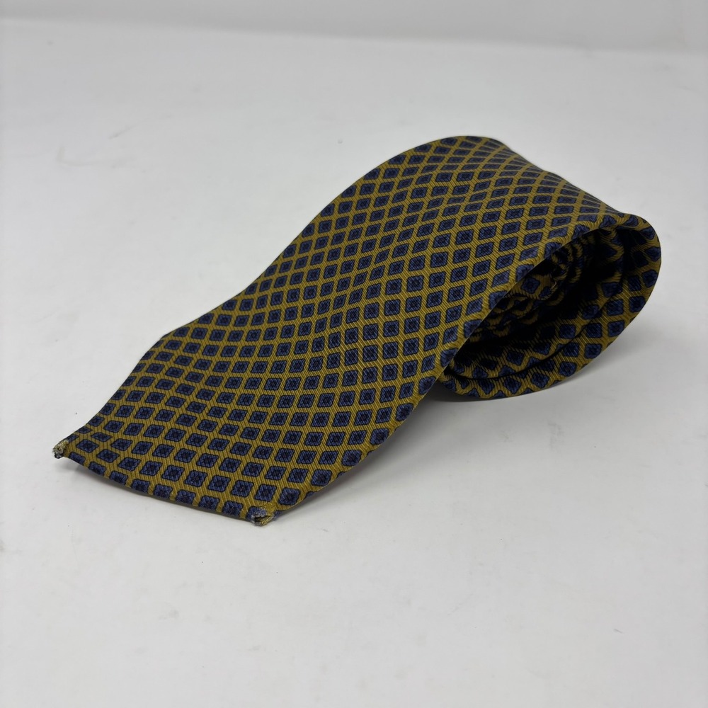 Brooks Brothers Makers Silk Tie Mens Gold Navy Geometric Medallion Foulard USA